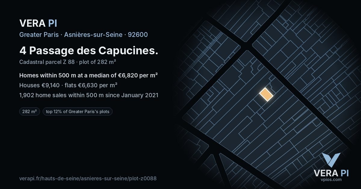 4 Passage des Capucines, Asnières-sur-Seine at night – the plot lit, the parcels around coloured by the prices near them