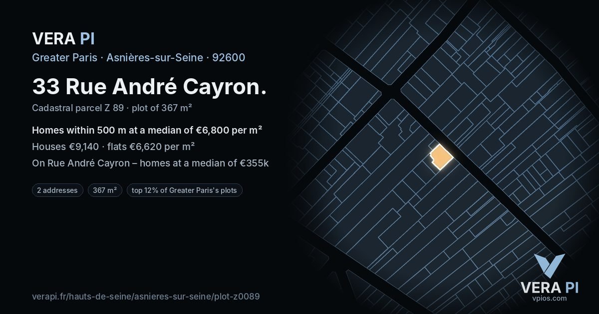 33 Rue André Cayron, Asnières-sur-Seine at night – the plot lit, the parcels around coloured by the prices near them