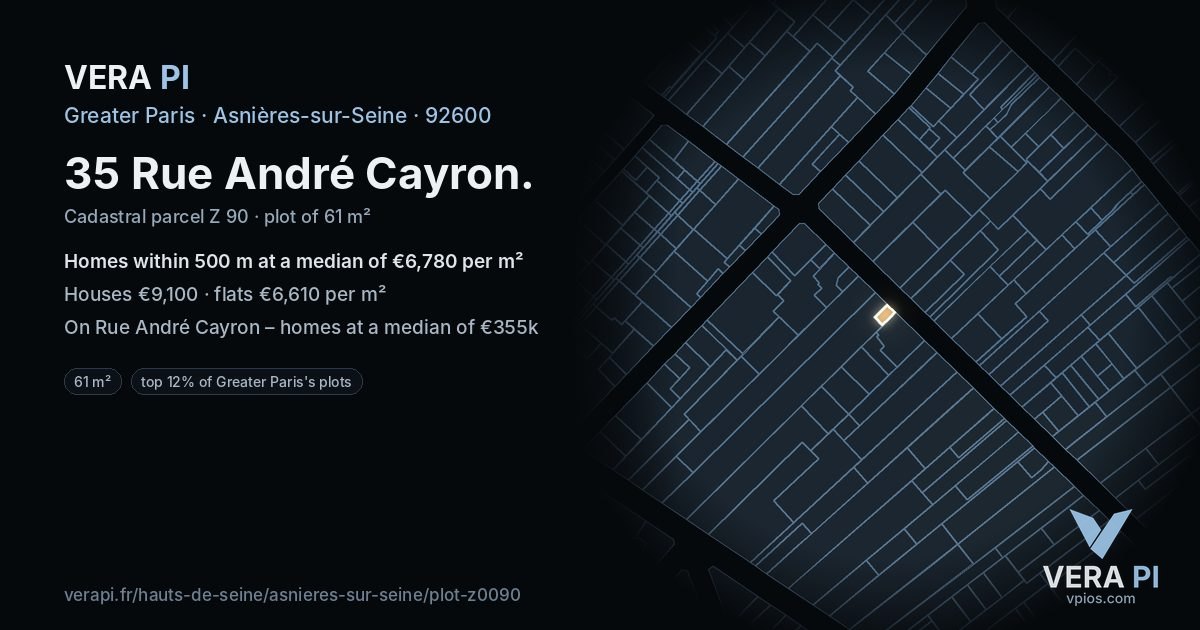 35 Rue André Cayron, Asnières-sur-Seine at night – the plot lit, the parcels around coloured by the prices near them