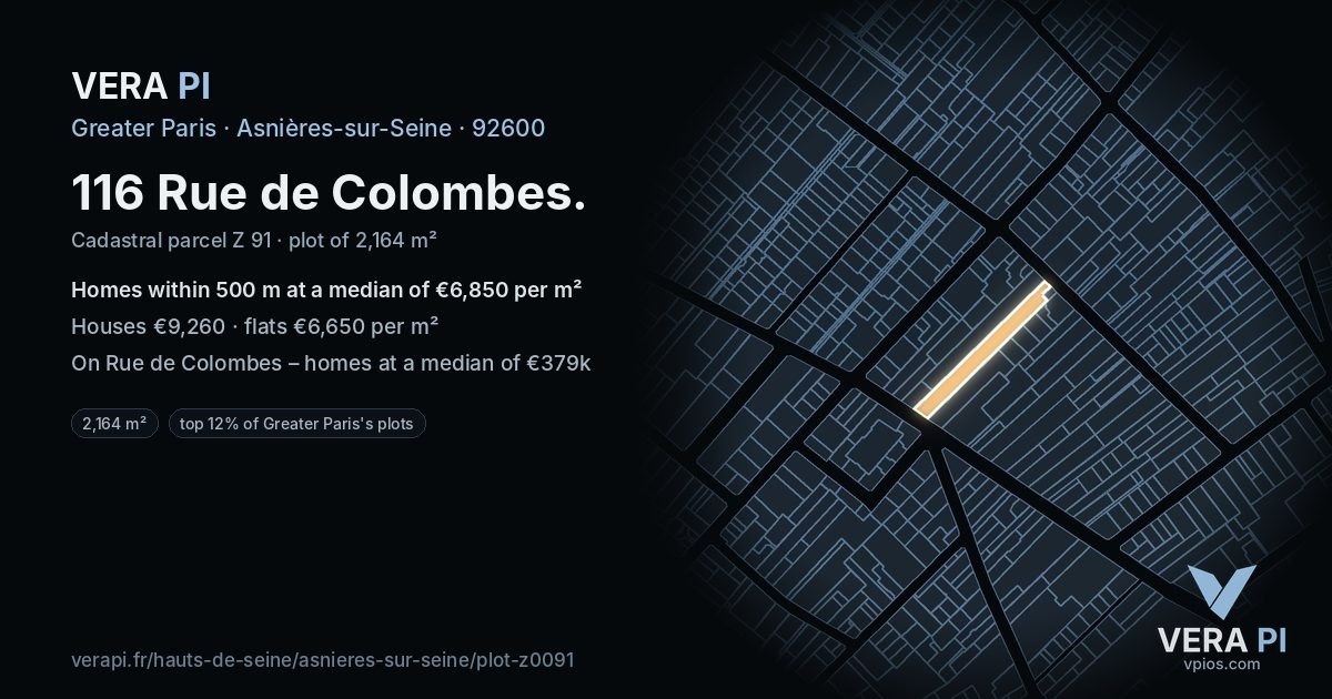 116 Rue de Colombes, Asnières-sur-Seine at night – the plot lit, the parcels around coloured by the prices near them