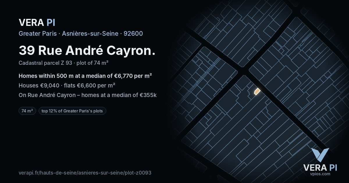 39 Rue André Cayron, Asnières-sur-Seine at night – the plot lit, the parcels around coloured by the prices near them
