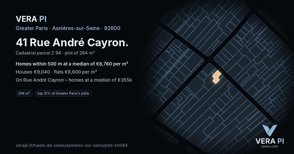 41 Rue André Cayron, Asnières-sur-Seine at night – the plot lit, the parcels around coloured by the prices near them