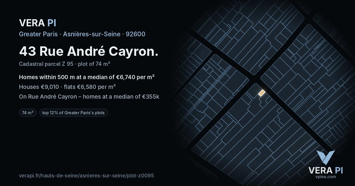 43 Rue André Cayron, Asnières-sur-Seine at night – the plot lit, the parcels around coloured by the prices near them