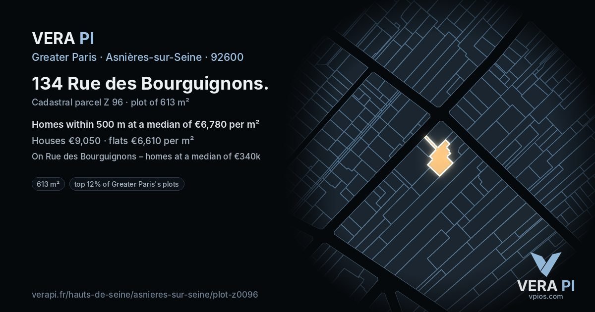 134 Rue des Bourguignons, Asnières-sur-Seine at night – the plot lit, the parcels around coloured by the prices near them