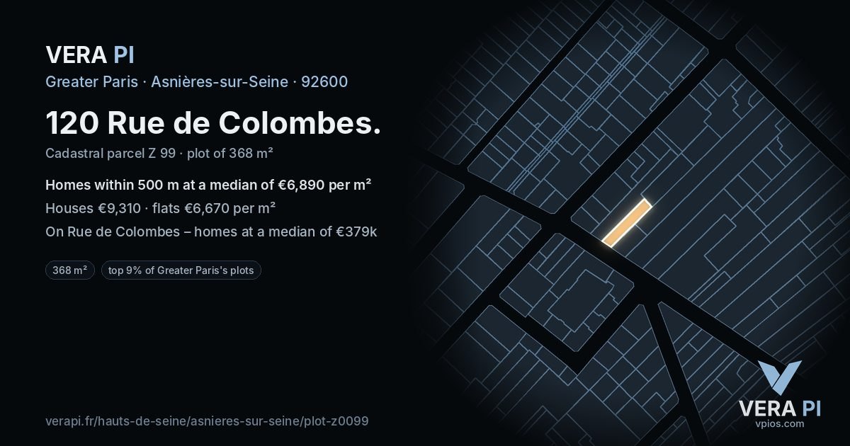 120 Rue de Colombes, Asnières-sur-Seine at night – the plot lit, the parcels around coloured by the prices near them
