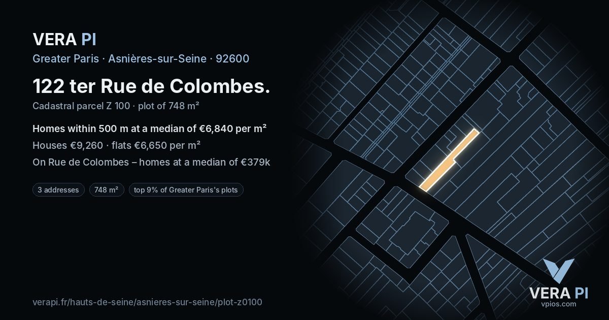 122 ter Rue de Colombes, Asnières-sur-Seine at night – the plot lit, the parcels around coloured by the prices near them