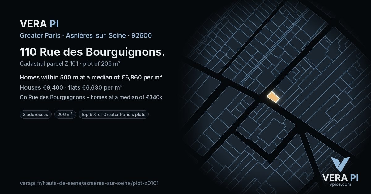 110 Rue des Bourguignons, Asnières-sur-Seine at night – the plot lit, the parcels around coloured by the prices near them