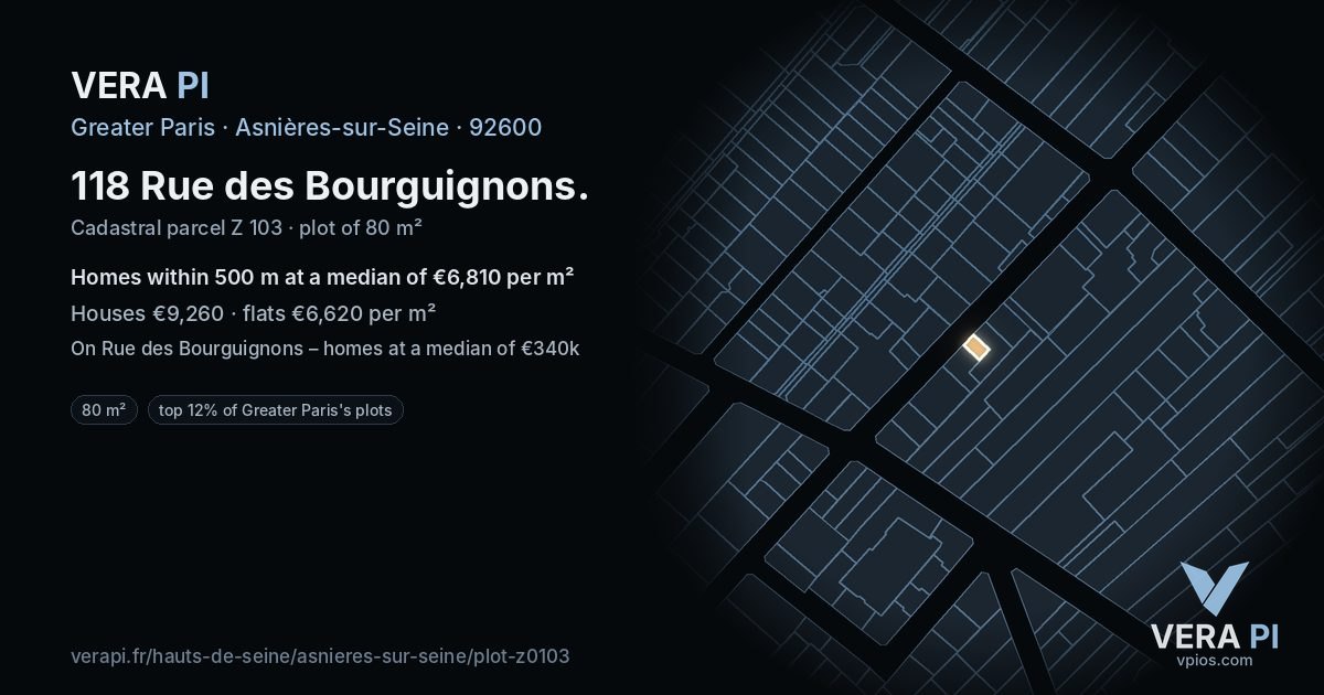 118 Rue des Bourguignons, Asnières-sur-Seine at night – the plot lit, the parcels around coloured by the prices near them