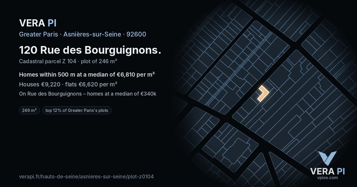 120 Rue des Bourguignons, Asnières-sur-Seine at night – the plot lit, the parcels around coloured by the prices near them