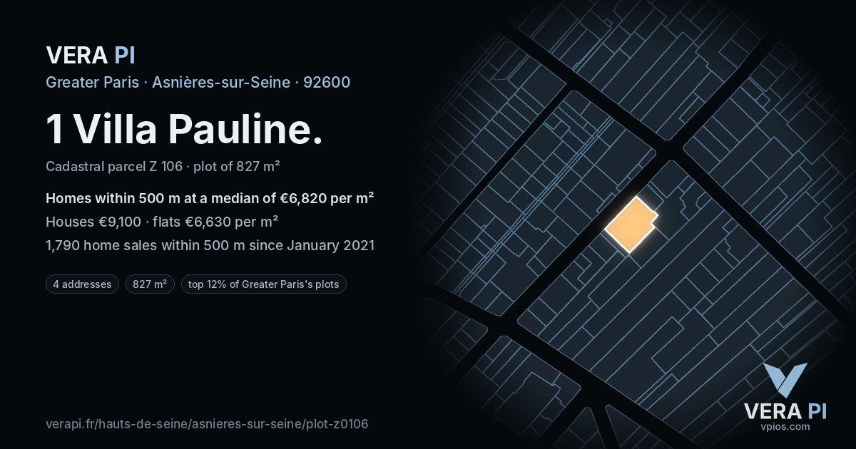 1 Villa Pauline, Asnières-sur-Seine at night – the plot lit, the parcels around coloured by the prices near them