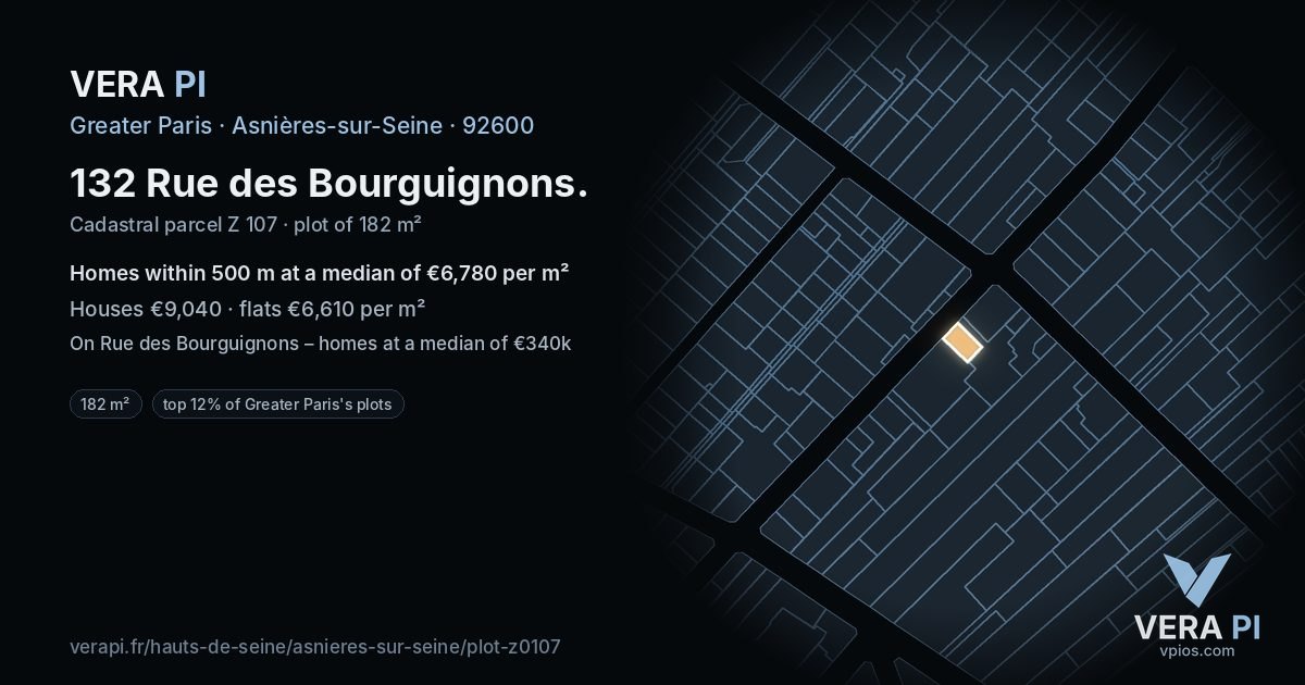 132 Rue des Bourguignons, Asnières-sur-Seine at night – the plot lit, the parcels around coloured by the prices near them