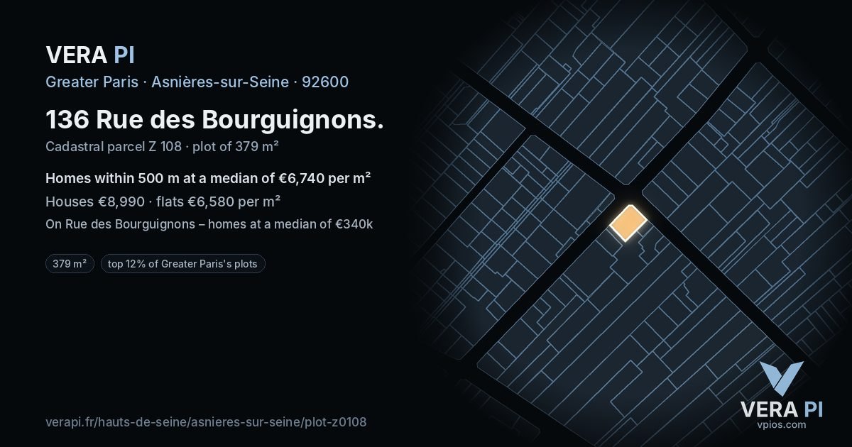 136 Rue des Bourguignons, Asnières-sur-Seine at night – the plot lit, the parcels around coloured by the prices near them