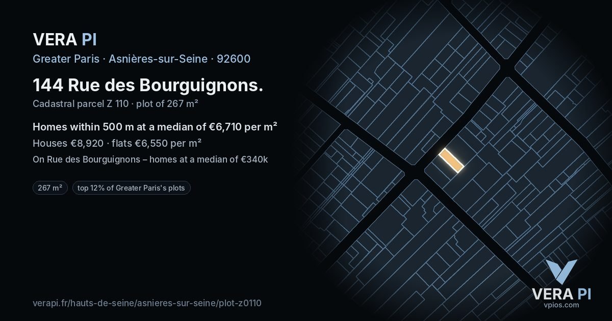 144 Rue des Bourguignons, Asnières-sur-Seine at night – the plot lit, the parcels around coloured by the prices near them