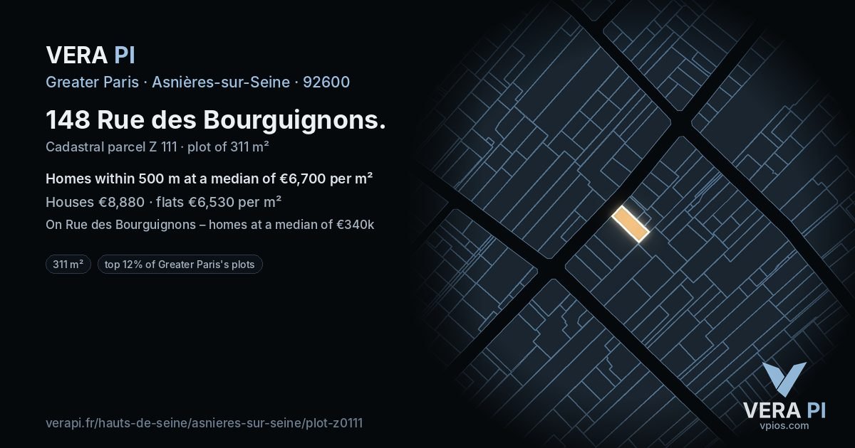 148 Rue des Bourguignons, Asnières-sur-Seine at night – the plot lit, the parcels around coloured by the prices near them