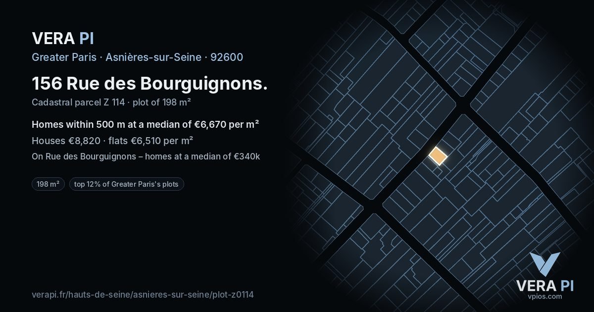156 Rue des Bourguignons, Asnières-sur-Seine at night – the plot lit, the parcels around coloured by the prices near them