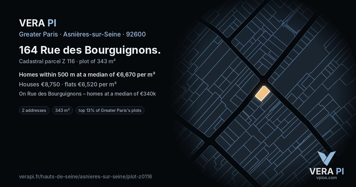 164 Rue des Bourguignons, Asnières-sur-Seine at night – the plot lit, the parcels around coloured by the prices near them