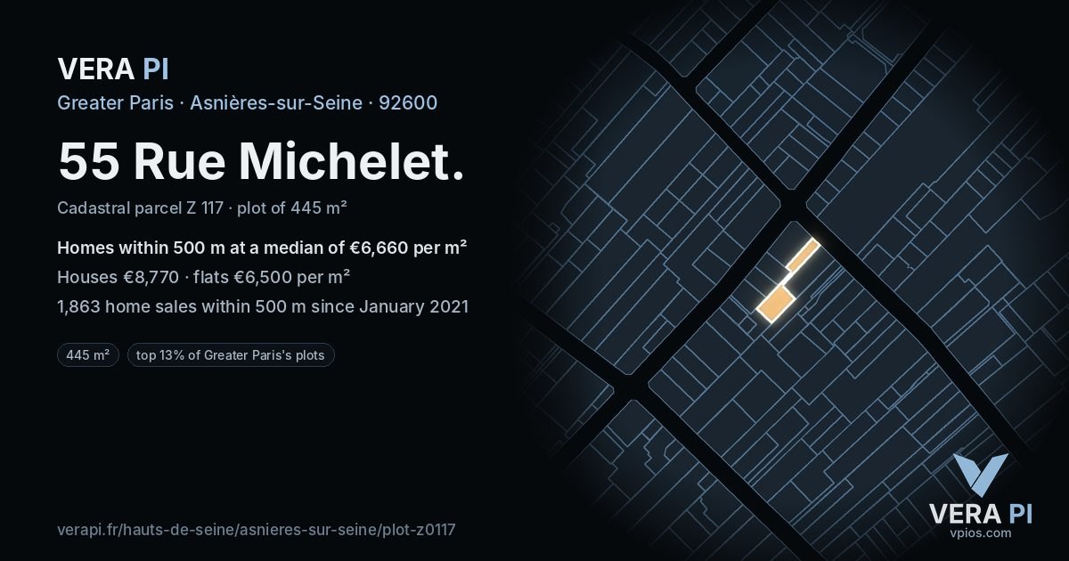 55 Rue Michelet, Asnières-sur-Seine at night – the plot lit, the parcels around coloured by the prices near them