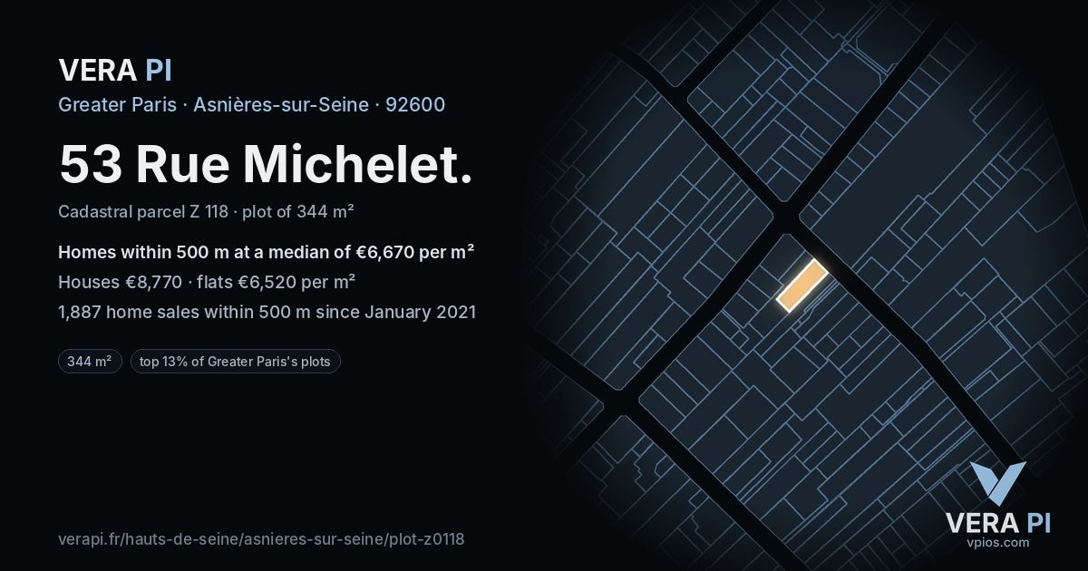 53 Rue Michelet, Asnières-sur-Seine at night – the plot lit, the parcels around coloured by the prices near them