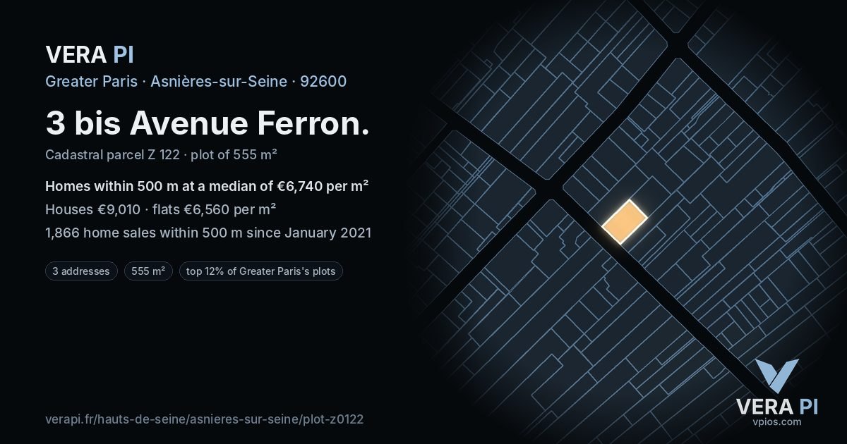 3 bis Avenue Ferron, Asnières-sur-Seine at night – the plot lit, the parcels around coloured by the prices near them