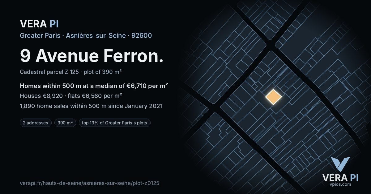 9 Avenue Ferron, Asnières-sur-Seine at night – the plot lit, the parcels around coloured by the prices near them