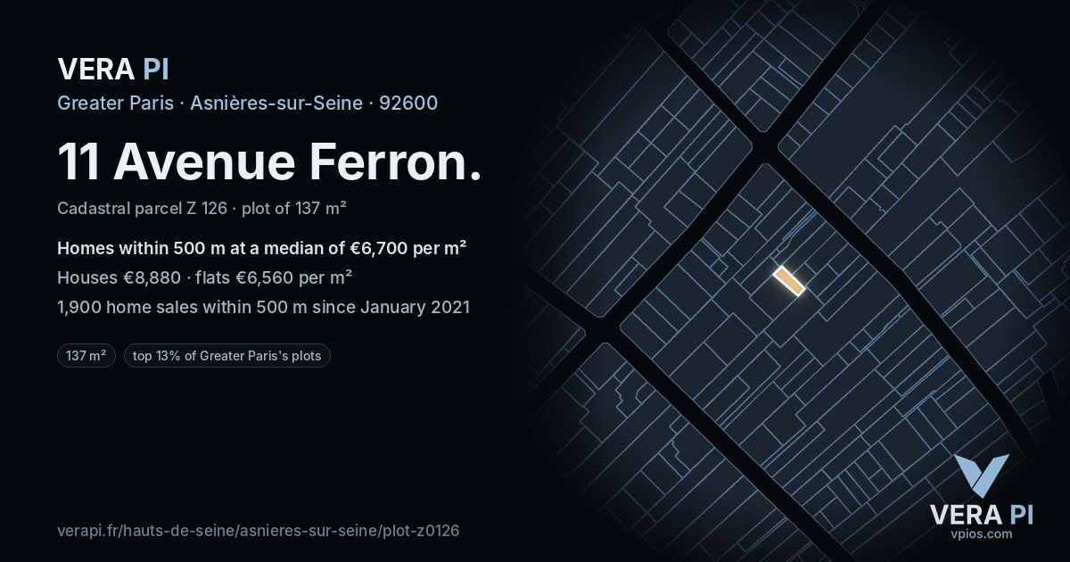 11 Avenue Ferron, Asnières-sur-Seine at night – the plot lit, the parcels around coloured by the prices near them