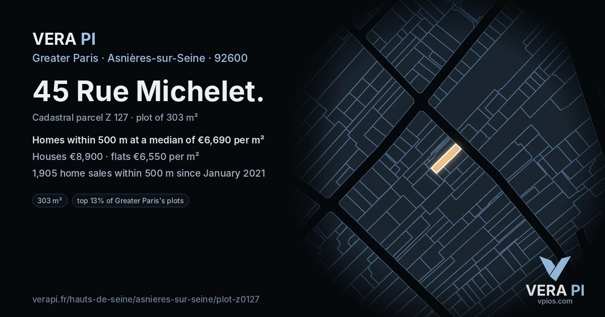 45 Rue Michelet, Asnières-sur-Seine at night – the plot lit, the parcels around coloured by the prices near them
