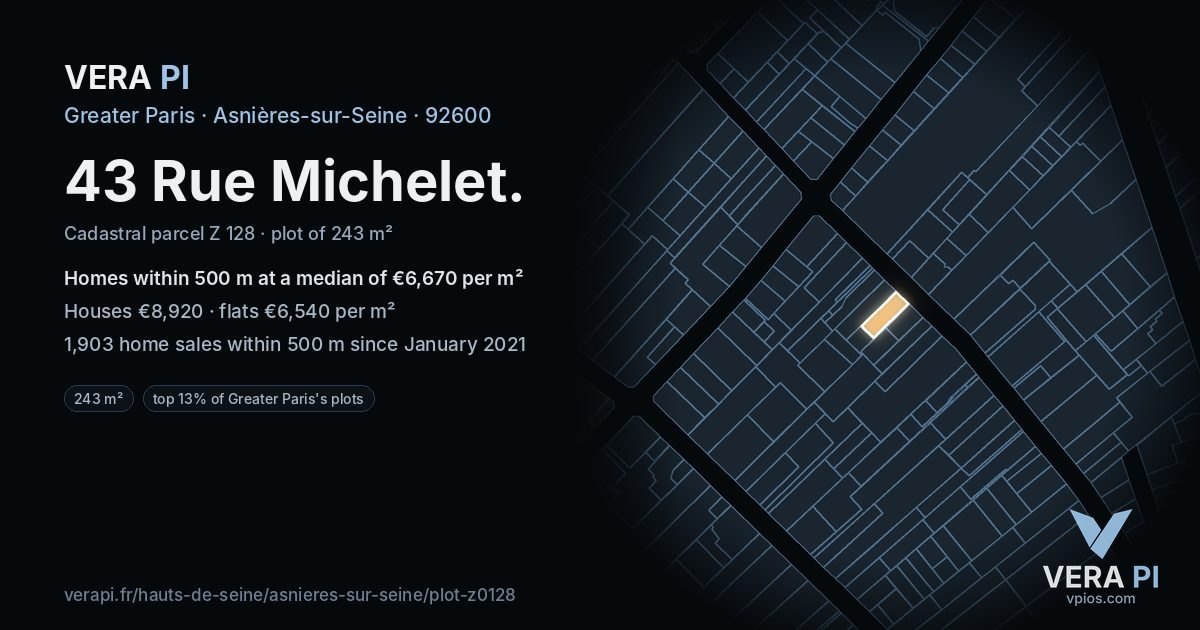 43 Rue Michelet, Asnières-sur-Seine at night – the plot lit, the parcels around coloured by the prices near them