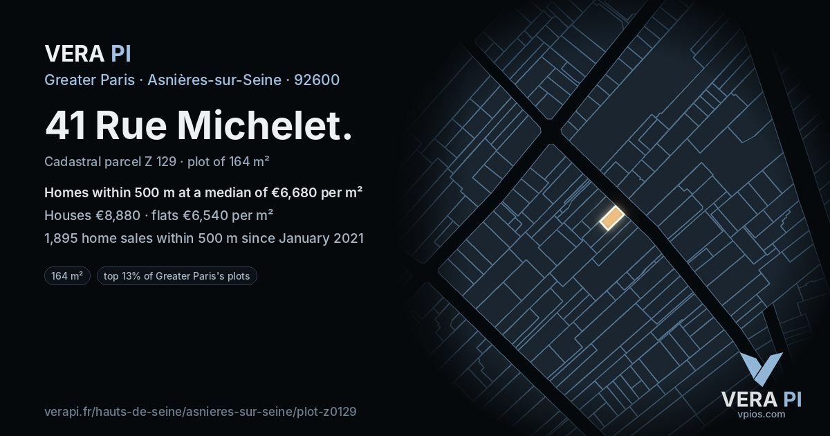 41 Rue Michelet, Asnières-sur-Seine at night – the plot lit, the parcels around coloured by the prices near them