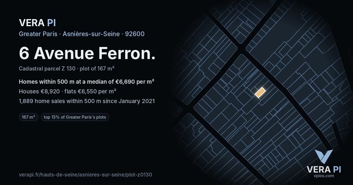 6 Avenue Ferron, Asnières-sur-Seine at night – the plot lit, the parcels around coloured by the prices near them