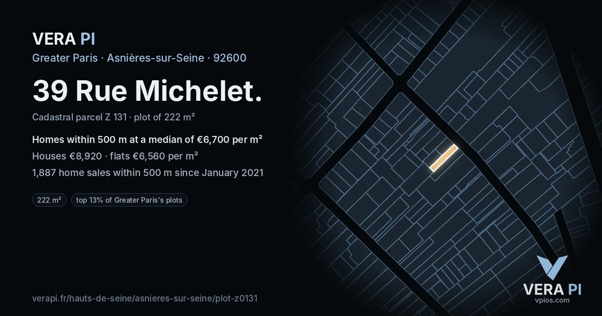 39 Rue Michelet, Asnières-sur-Seine at night – the plot lit, the parcels around coloured by the prices near them