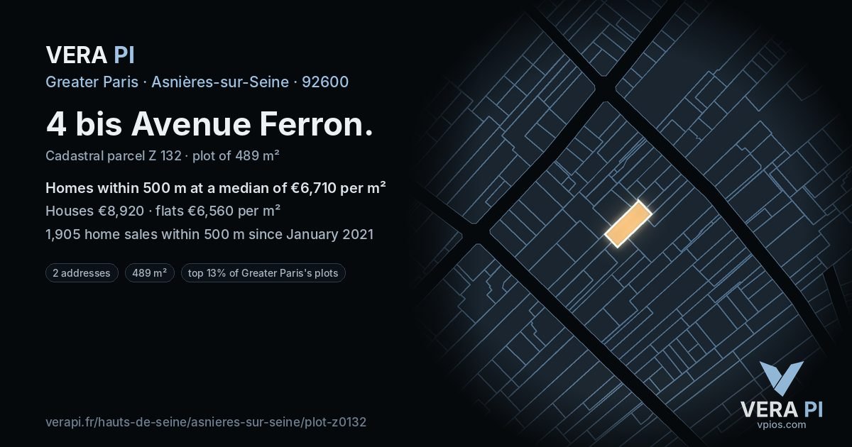 4 bis Avenue Ferron, Asnières-sur-Seine at night – the plot lit, the parcels around coloured by the prices near them