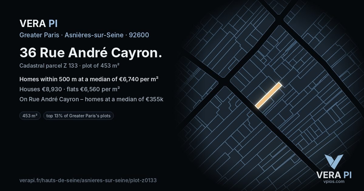 36 Rue André Cayron, Asnières-sur-Seine at night – the plot lit, the parcels around coloured by the prices near them