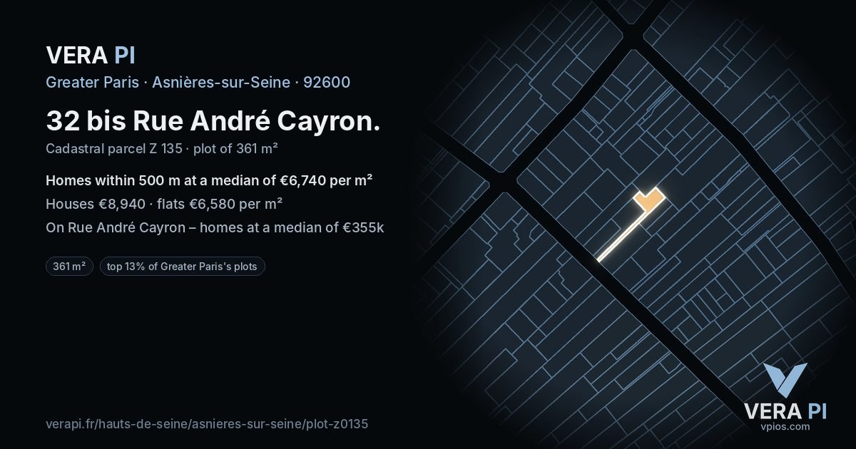 32 bis Rue André Cayron, Asnières-sur-Seine at night – the plot lit, the parcels around coloured by the prices near them