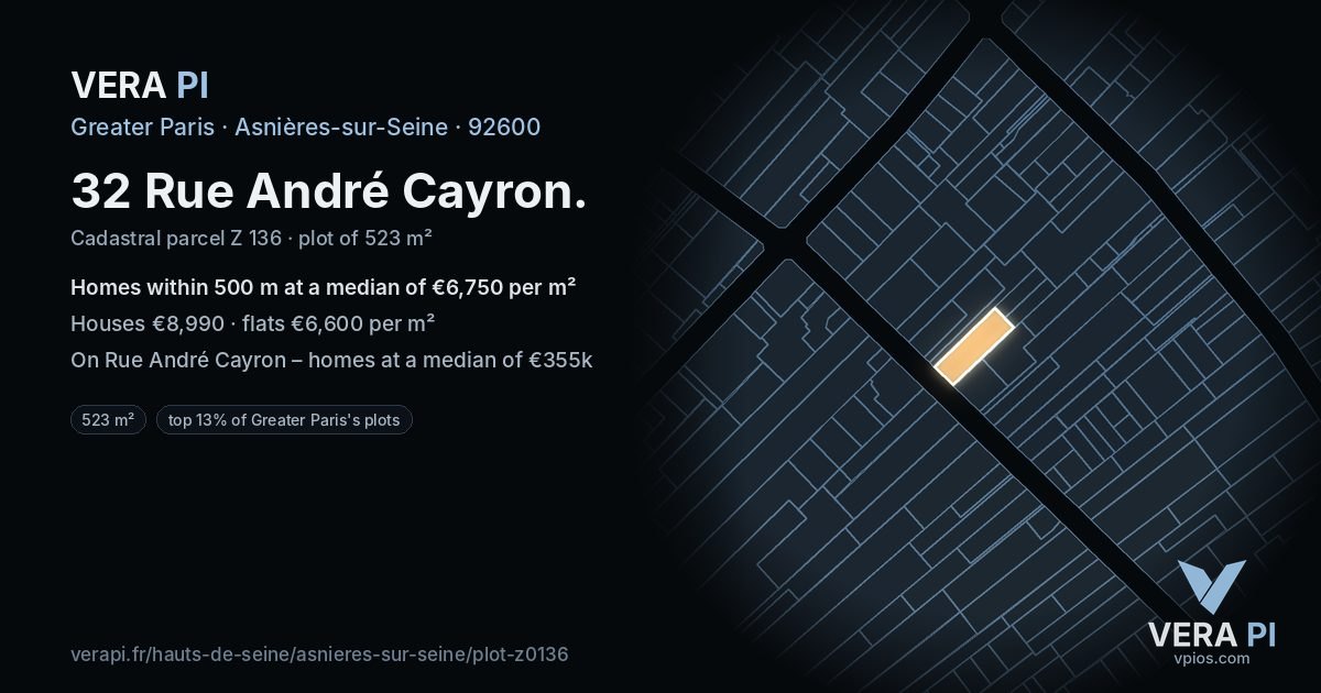 32 Rue André Cayron, Asnières-sur-Seine at night – the plot lit, the parcels around coloured by the prices near them