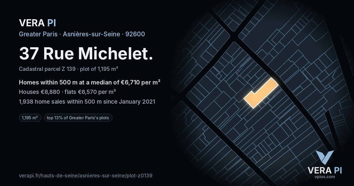 37 Rue Michelet, Asnières-sur-Seine at night – the plot lit, the parcels around coloured by the prices near them
