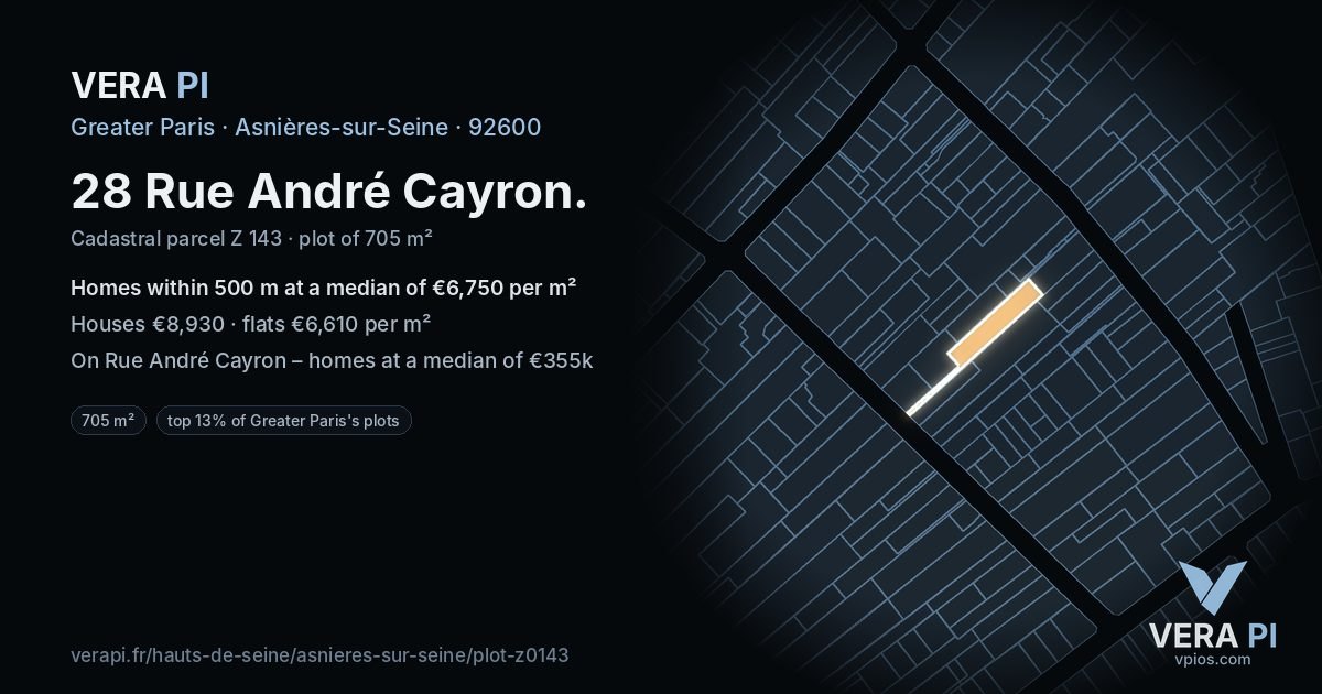 28 Rue André Cayron, Asnières-sur-Seine at night – the plot lit, the parcels around coloured by the prices near them