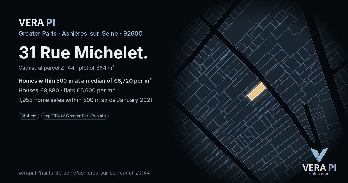 31 Rue Michelet, Asnières-sur-Seine at night – the plot lit, the parcels around coloured by the prices near them