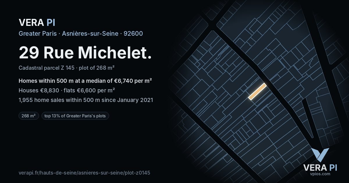 29 Rue Michelet, Asnières-sur-Seine at night – the plot lit, the parcels around coloured by the prices near them