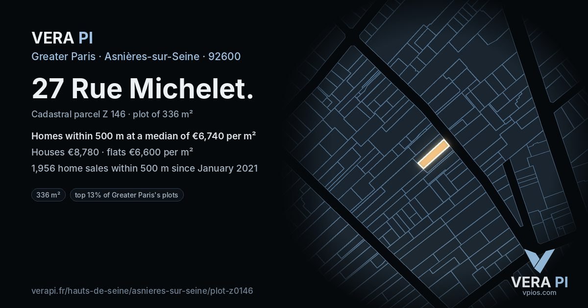 27 Rue Michelet, Asnières-sur-Seine at night – the plot lit, the parcels around coloured by the prices near them