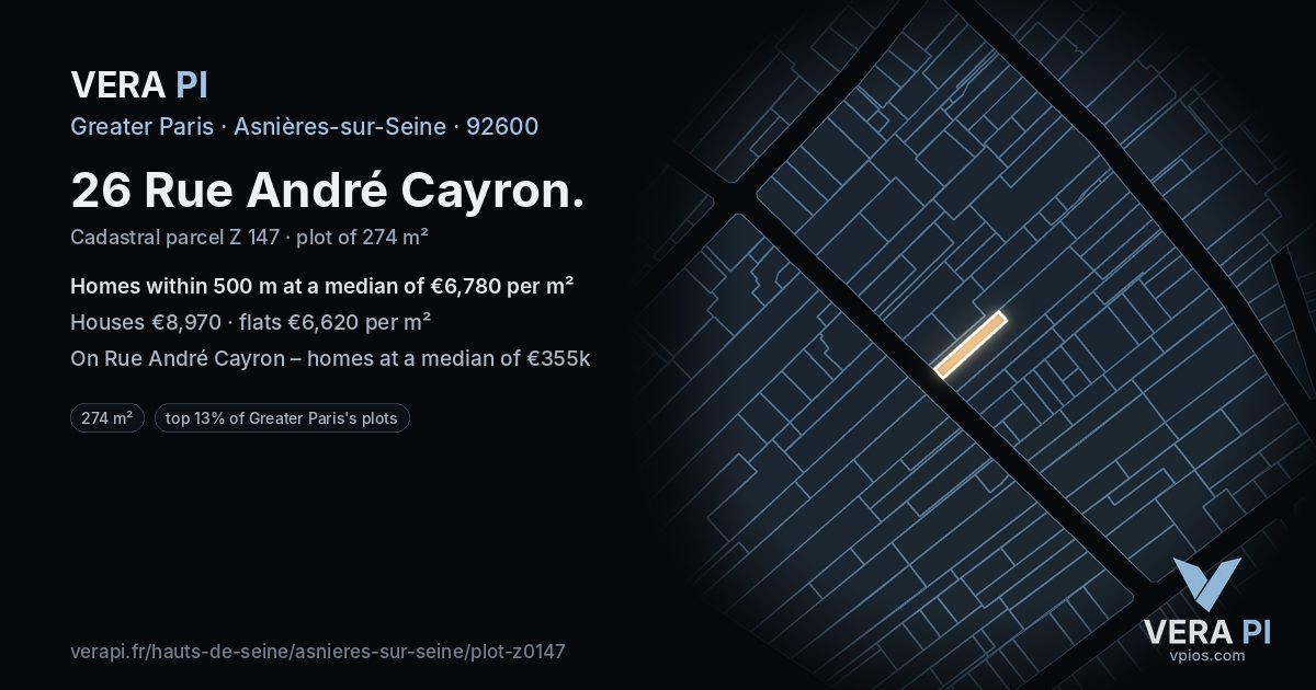 26 Rue André Cayron, Asnières-sur-Seine at night – the plot lit, the parcels around coloured by the prices near them