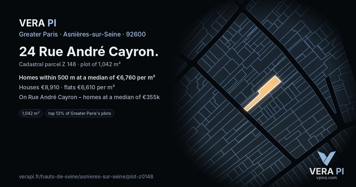24 Rue André Cayron, Asnières-sur-Seine at night – the plot lit, the parcels around coloured by the prices near them