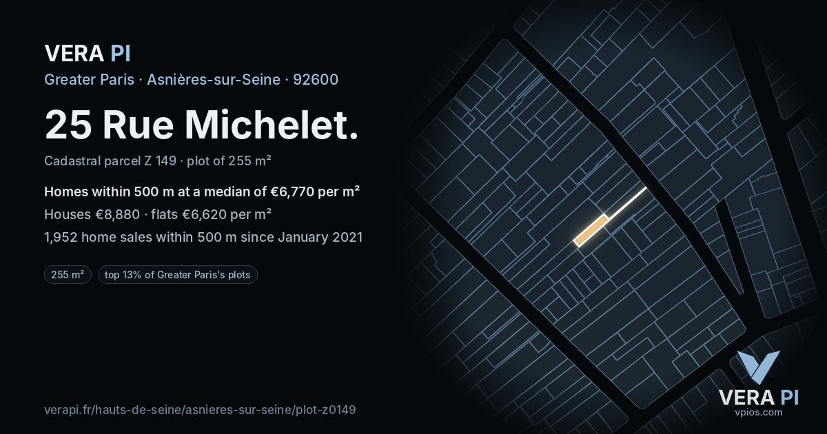 25 Rue Michelet, Asnières-sur-Seine at night – the plot lit, the parcels around coloured by the prices near them