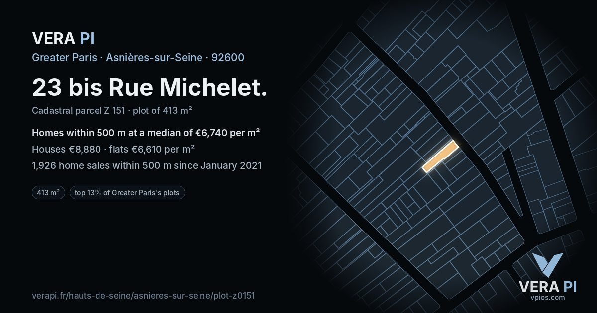 23 bis Rue Michelet, Asnières-sur-Seine at night – the plot lit, the parcels around coloured by the prices near them