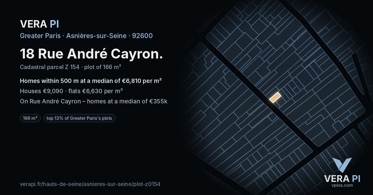 18 Rue André Cayron, Asnières-sur-Seine at night – the plot lit, the parcels around coloured by the prices near them