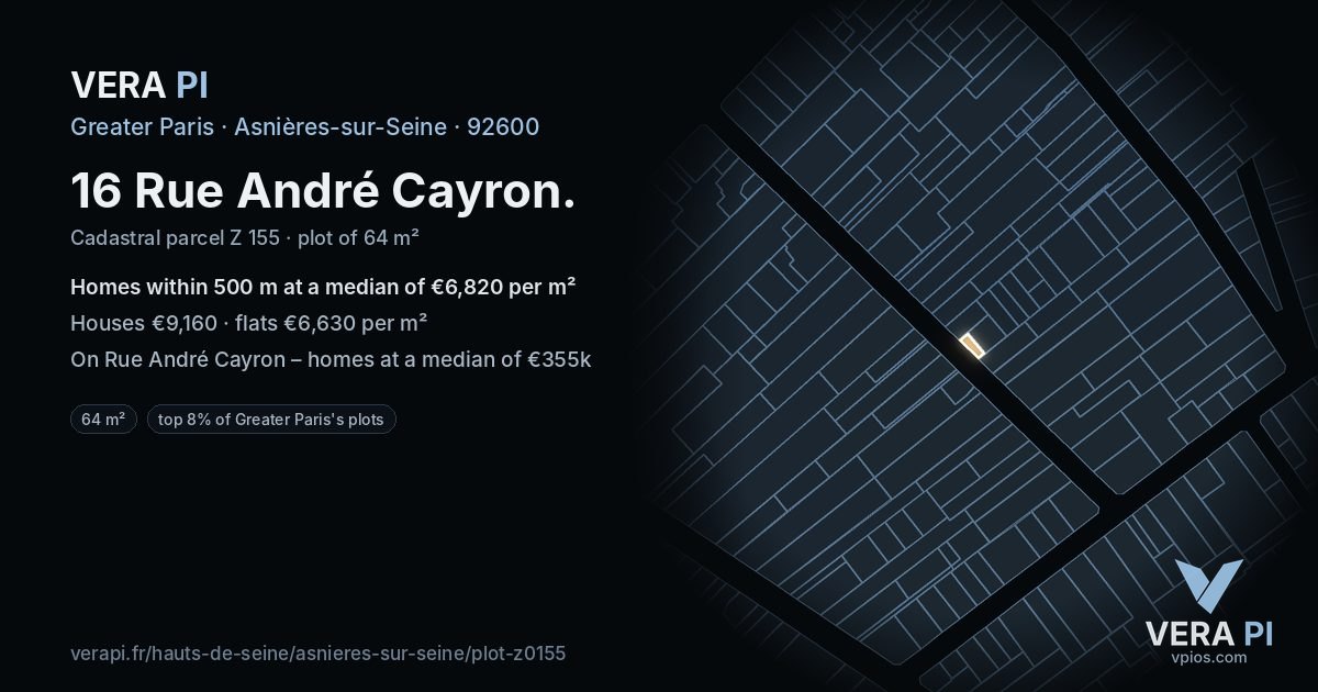 16 Rue André Cayron, Asnières-sur-Seine at night – the plot lit, the parcels around coloured by the prices near them