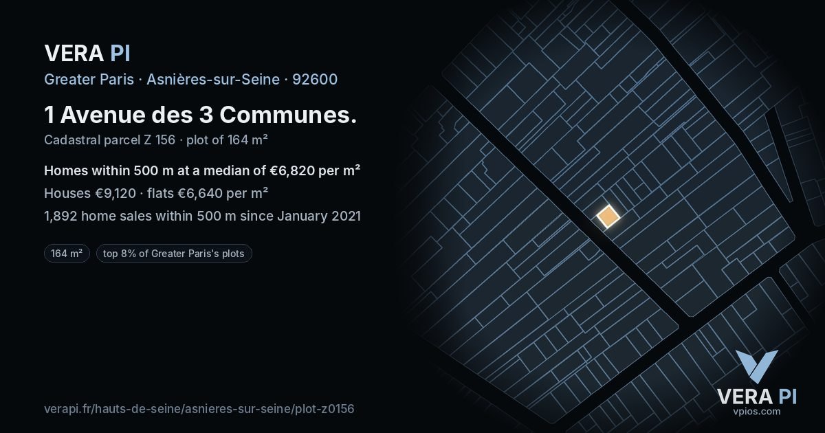1 Avenue des 3 Communes, Asnières-sur-Seine at night – the plot lit, the parcels around coloured by the prices near them