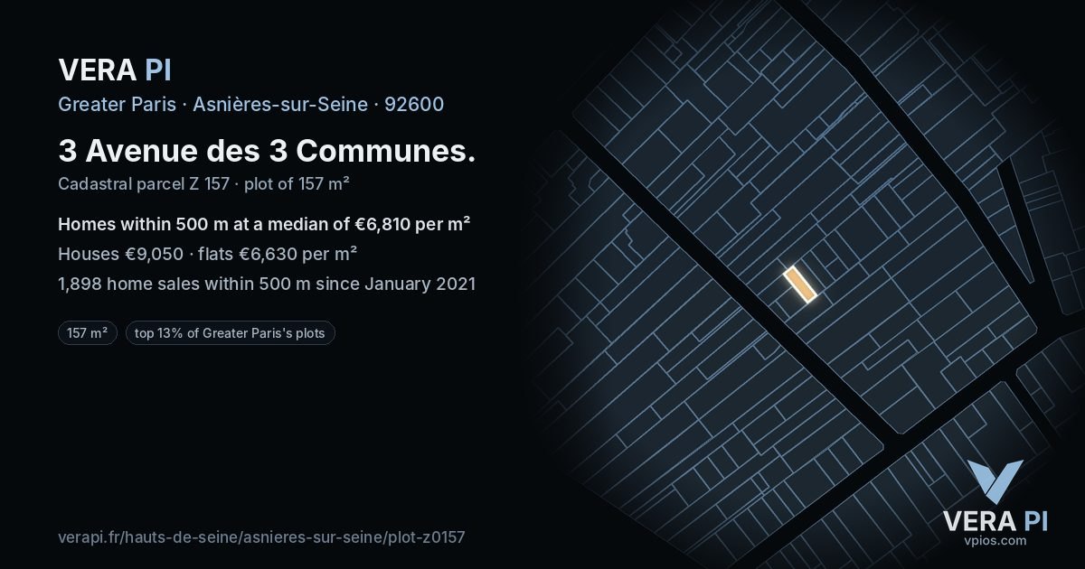 3 Avenue des 3 Communes, Asnières-sur-Seine at night – the plot lit, the parcels around coloured by the prices near them