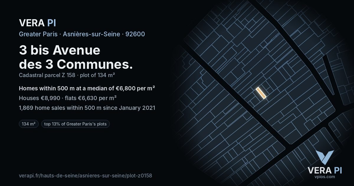 3 bis Avenue des 3 Communes, Asnières-sur-Seine at night – the plot lit, the parcels around coloured by the prices near them