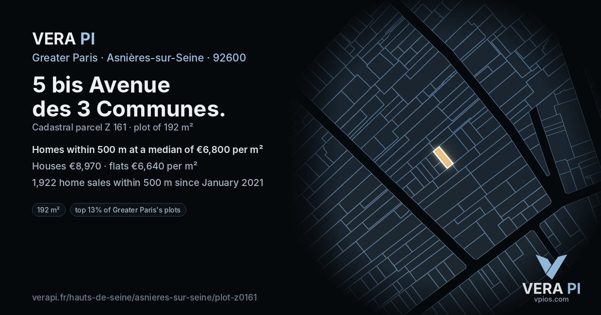 5 bis Avenue des 3 Communes, Asnières-sur-Seine at night – the plot lit, the parcels around coloured by the prices near them