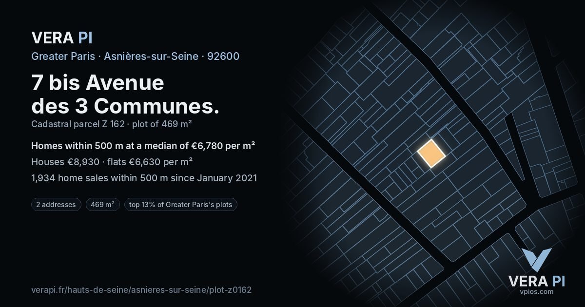 7 bis Avenue des 3 Communes, Asnières-sur-Seine at night – the plot lit, the parcels around coloured by the prices near them